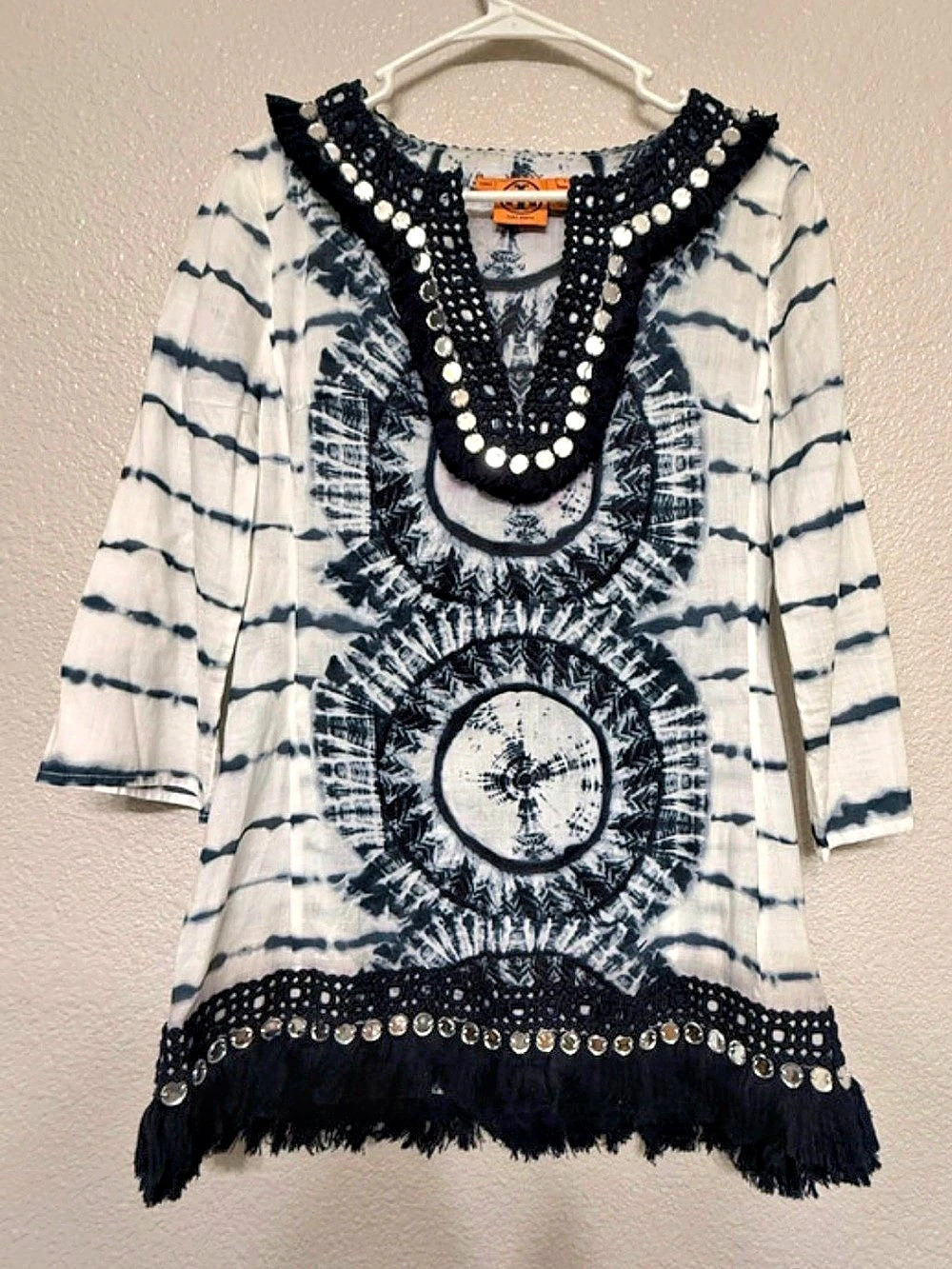 Tory Burch Stephanie Mirror-Embellished Tie-Dye Tunic White & Blue